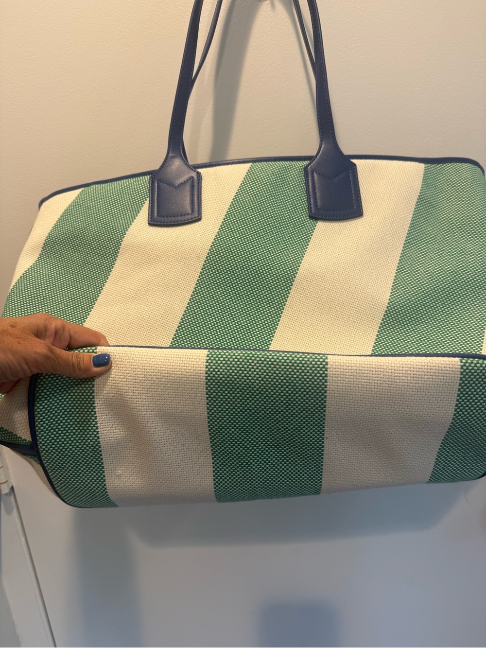Boden Green and White Diagonal Stripe Canvas Tote with Navy Handles - Picture 4 of 4